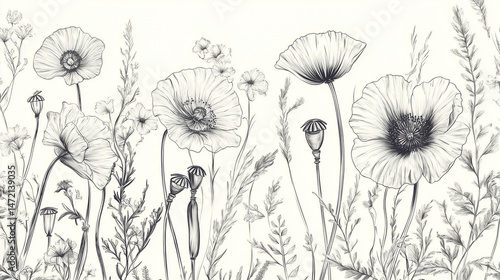 black and white toile de Jouy pattern, hand-drawn botanical illustration, vintage floral sketch, engraving style, high detail, seamless textile design, elegant, 18th century French style, monochrome