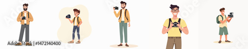 Happy Male Tourist Characters Taking Photos with Camera – Travel and Photography Concept