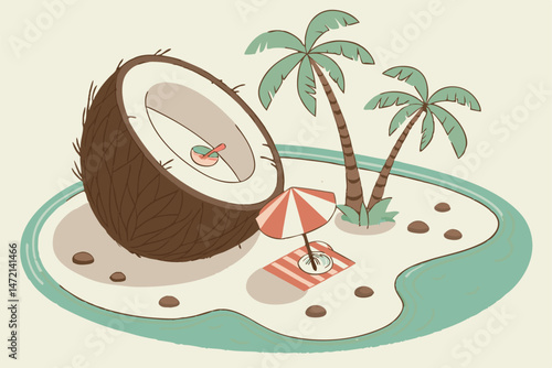 27 Tropical beach scene, giant coconut split in half, miniature beach inside coconut, palm trees, beach umbrella, tiny island, turquoise water, sand, pebbles, whimsical composition, pastel color palet