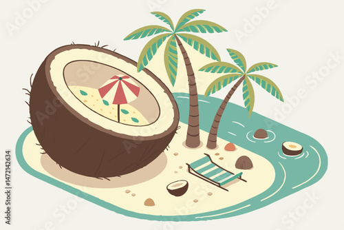 27 Tropical beach scene, giant coconut split in half, miniature beach inside coconut, palm trees, beach umbrella, tiny island, turquoise water, sand, pebbles, whimsical composition, pastel color palet
