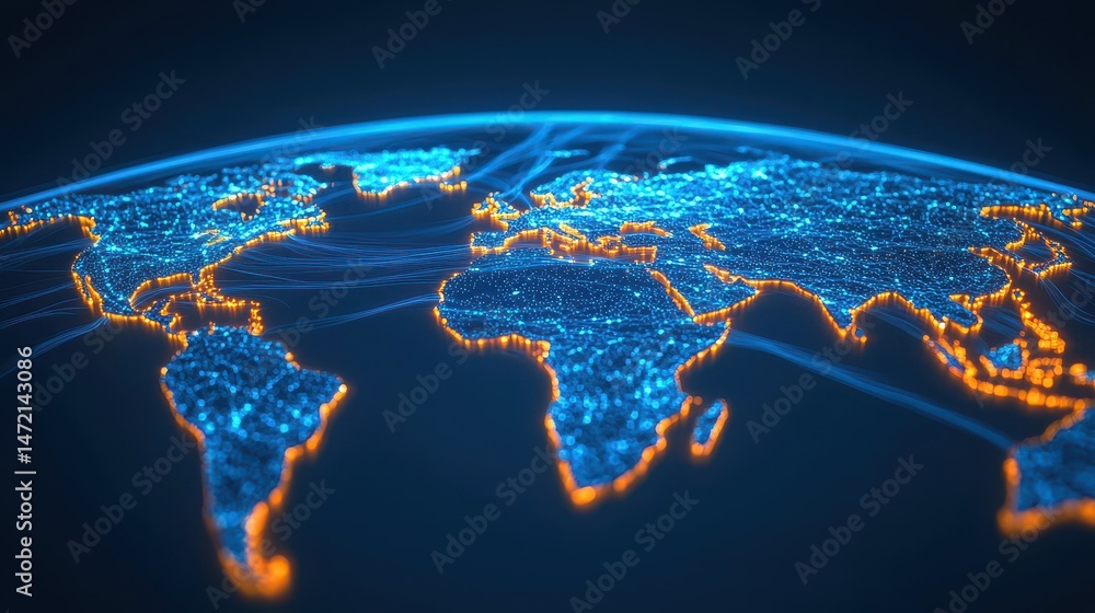Global Network in a Digital World, Illuminated Map with Bright Connections Across Continents and Oceans Global Network in a Digital World, Illuminated Map with Bright Connections Across Continents and Oceans