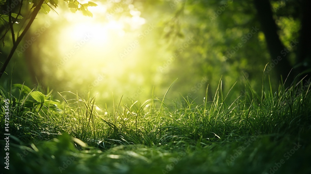 Fototapeta premium Lush green grass in a sunlit forest clearing.