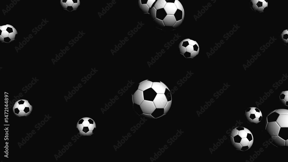 Animated 4K video of footballs falling against a black background, creating a dynamic visual effect Animated 4K video of footballs falling against a black background, creating a dynamic visual effect