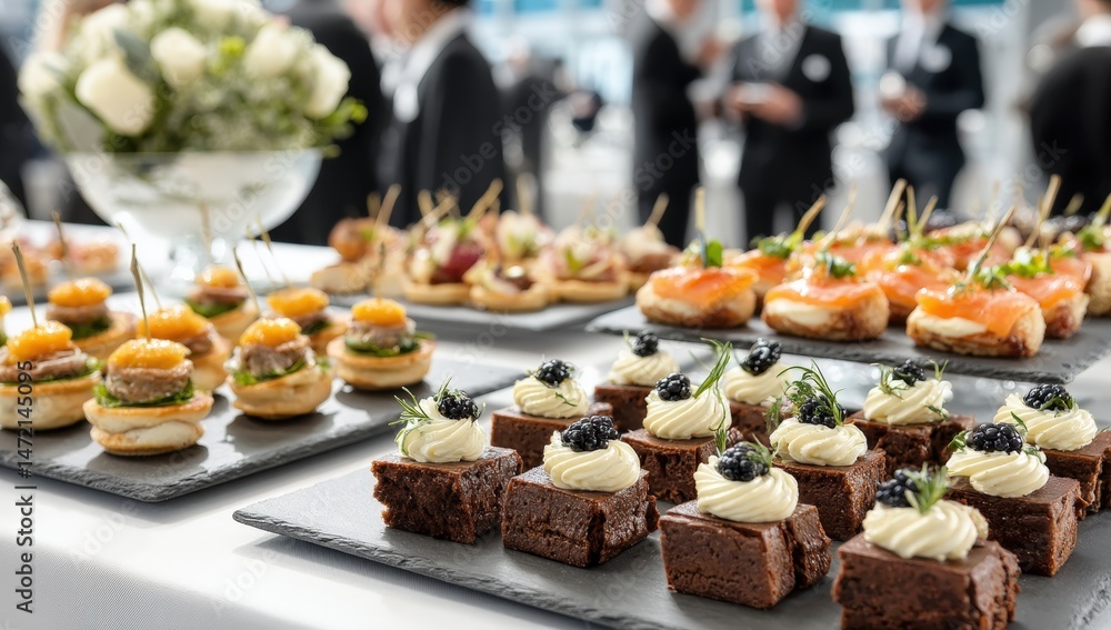 Fototapeta premium Elegant assortment of gourmet appetizers and desserts arranged on trays at a formal event or reception.