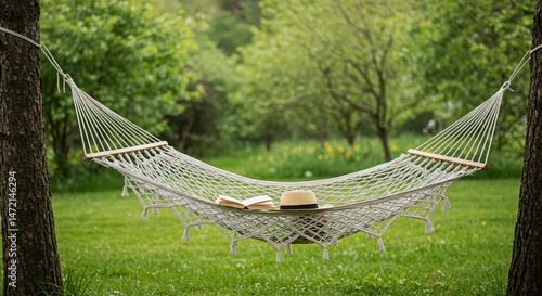 Hammock relaxation: summertime reading on a lazy sunny afternoon.