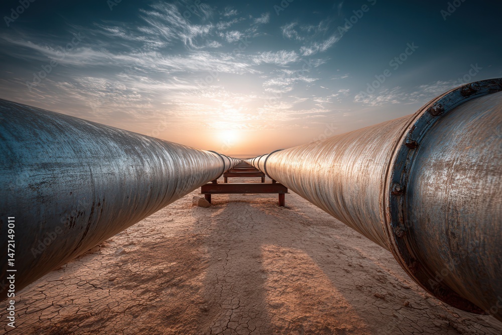 Endless oil pipeline cuts through a barren desert under soft morning light, showcasing industrial scale and energy infrastructure in a remote landscape. Endless oil pipeline cuts through a barren desert under soft morning light, showcasing industrial scale and energy infrastructure in a remote landscape.