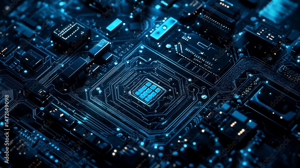 Close-up view of intricate circuit board with illuminated components. Close-up view of intricate circuit board with illuminated components.