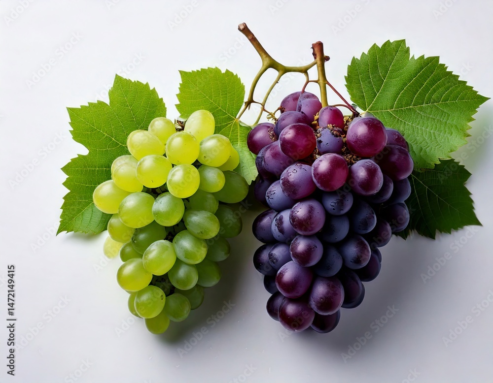 Fototapeta premium Vibrant Grape Delight: A close-up capture showcases a luscious bunch of green grapes alongside a cluster of succulent purple grapes, each berry brimming with freshness and flavor.