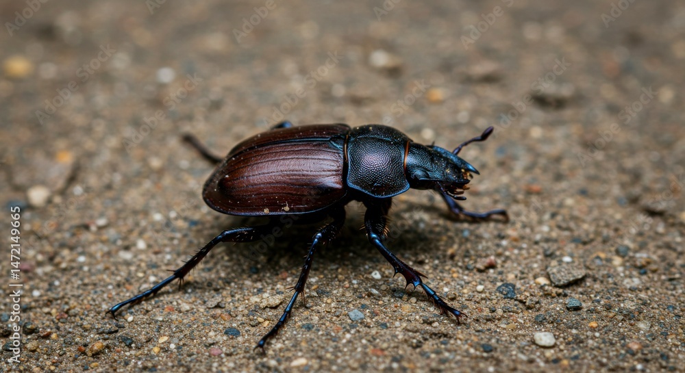 Close-up of a dark brown beetle on the ground Close-up of a dark brown beetle on the ground
