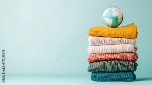 Colorful Stack of Knitwear with Earth Globe on Top Representing Sustainable Fashion and Global Impact