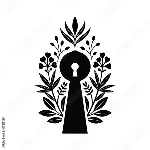 Elegant black and white keyhole design surrounded by decorative floral elements in a symmetrical arrangement