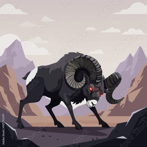 Black Ram Standing Aggressively in Rocky Mountain Landscape Artwork