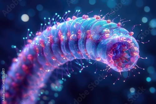 A detailed macro image captures a segmented, translucent worm-like creature with antennae in a deep blue, softly blurred background.
