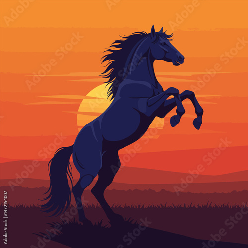 Horse Rearing Silhouette Against Warm Sunset Sky in Simple Landscape