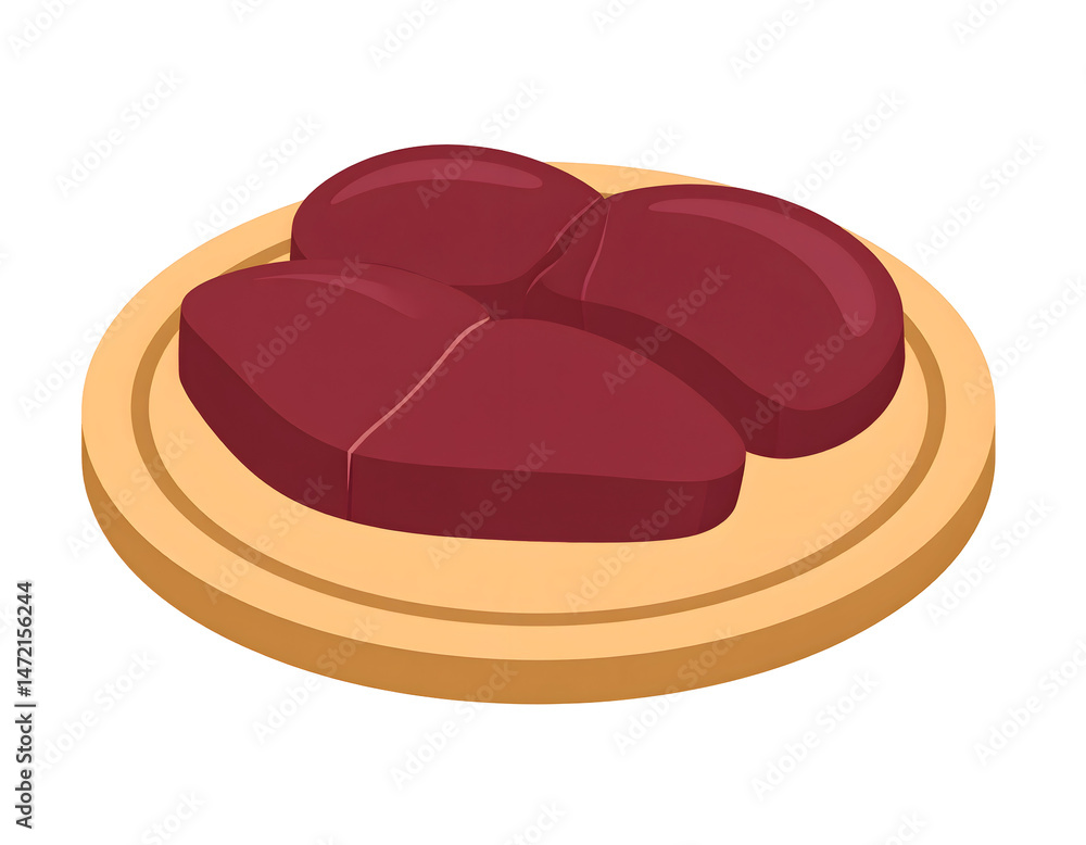 Raw meat slices on a wooden cutting board