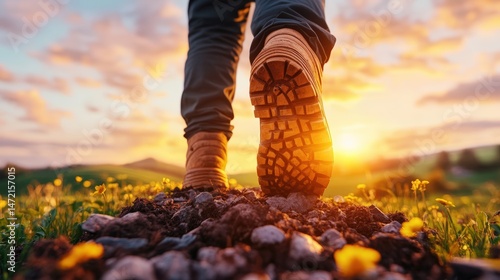 Walking forward with hiking boots through the field to the horizon with sunlight in the early morning sky.
