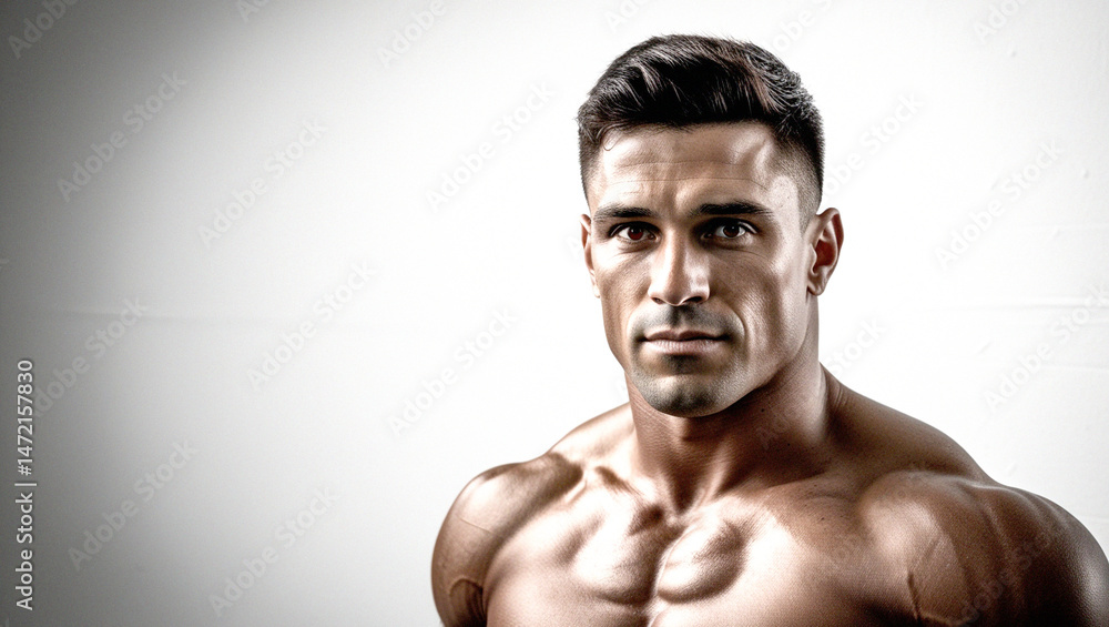 Fototapeta premium Portrait of a Muscular Man with Defined Physique — Studio Lighting and Athletic Pose isolated white background