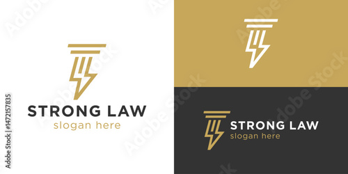 Creative simple strong law logo template. Abstract lightning with pillar symbol for legal attorney logo design vector illustration.