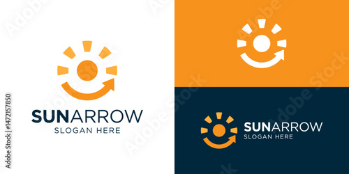 Creative simple sun arrow logo template. Sun with arrow or smile logo design vector illustration.