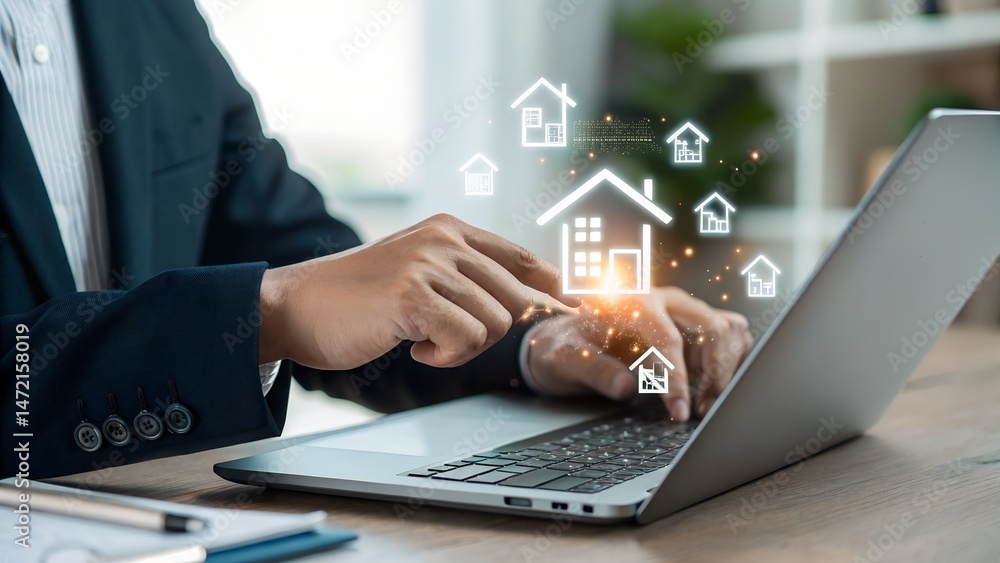 Real estate investment concept, Businessman use laptop with house icon for analyzing mortgage loan home and insurance real property mortgage. interest rate, Investment planning, business real estate. Real estate investment concept, Businessman use laptop with house icon for analyzing mortgage loan home and insurance real property mortgage. interest rate, Investment planning, business real estate.