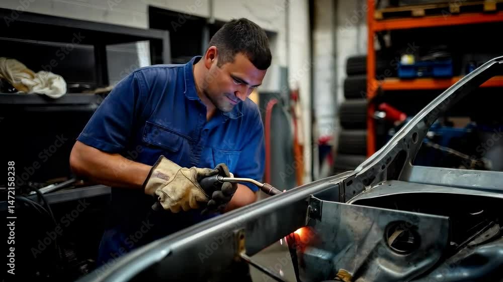 Mechanic Welding Inside Small Auto Repair Shop Mechanic Welding Inside Small Auto Repair Shop