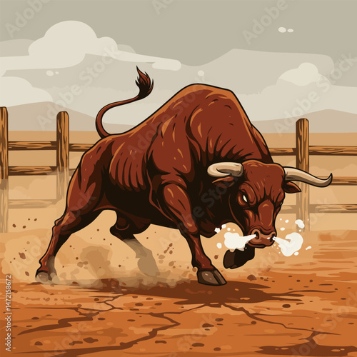 Charging Brown Bull Illustration with Dust and Wooden Fence