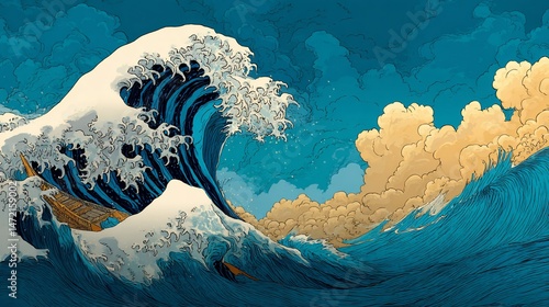 Powerful ocean waves crashing, dramatic sky