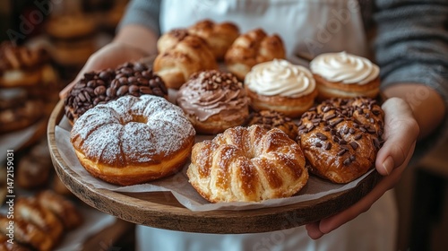 Baker holding assorted pastries on tray in bakery