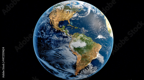 Fototapeta Naklejka Na Ścianę i Meble -  3D render of the planet Earth with a map of the Americas, isolated on a black background.