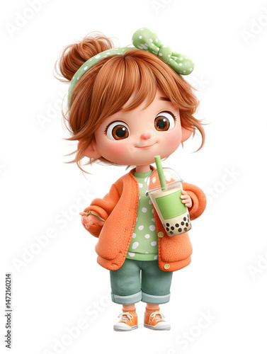 Adorable cartoon girl with bubble tea cute 3d render illustration happy child fun beverage on transparent background