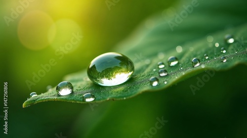 Close-up of water droplets on a green leaf with soft sunlight. Nature, freshness, and environmental themes ideal for eco-friendly and natural beauty concepts