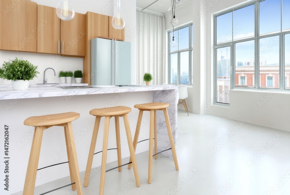 Modern kitchen island with light wood stools and marble countertop, overlooking a city view through large windows. : Generative AI Modern kitchen island with light wood stools and marble countertop, overlooking a city view through large windows. : Generative AI