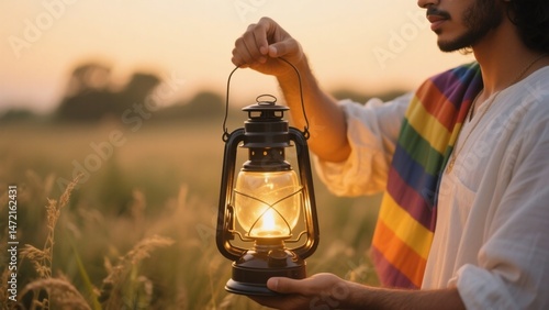 Person holding lantern in golden field at sunset