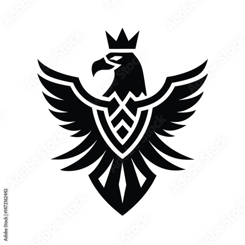 Majestic black eagle with crown heraldic emblem symbolizing power and nobility on white background