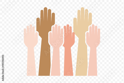 Multicolored hands raised up. The concept of friendship, peace, equality, racial diversity, inclusivity. Teamwork concept. Vector clipart. EPS 10.