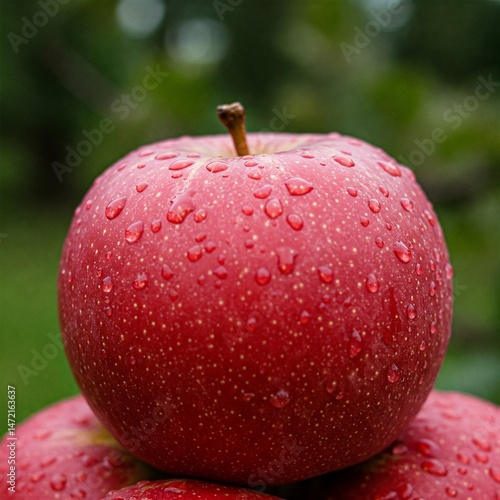 red apple with drops of water