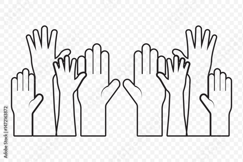 hand rise vote icon sign vector. hands up, raised up volunteering, audiences and teamwork in Stroke on Transparent Background. EPS 10.