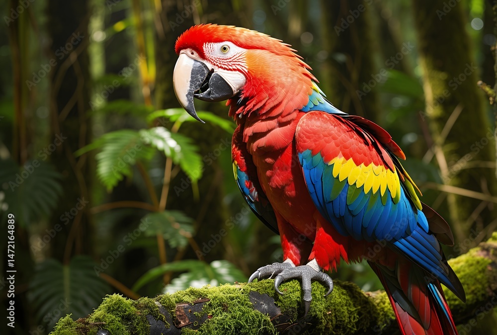 Obraz premium Colorful-scarlet-macaw-perched-on-branch-in-lush-tropical-rainforest-wildlife-photography