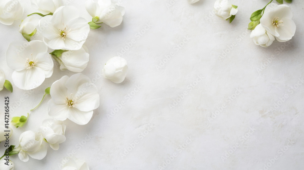 Elegant arrangement of pristine white blossoms on a light gray textured surface, creating a serene and minimalist floral design ideal for wedding invitations or springtime themes. : Generative AI Elegant arrangement of pristine white blossoms on a light gray textured surface, creating a serene and minimalist floral design ideal for wedding invitations or springtime themes. : Generative AI