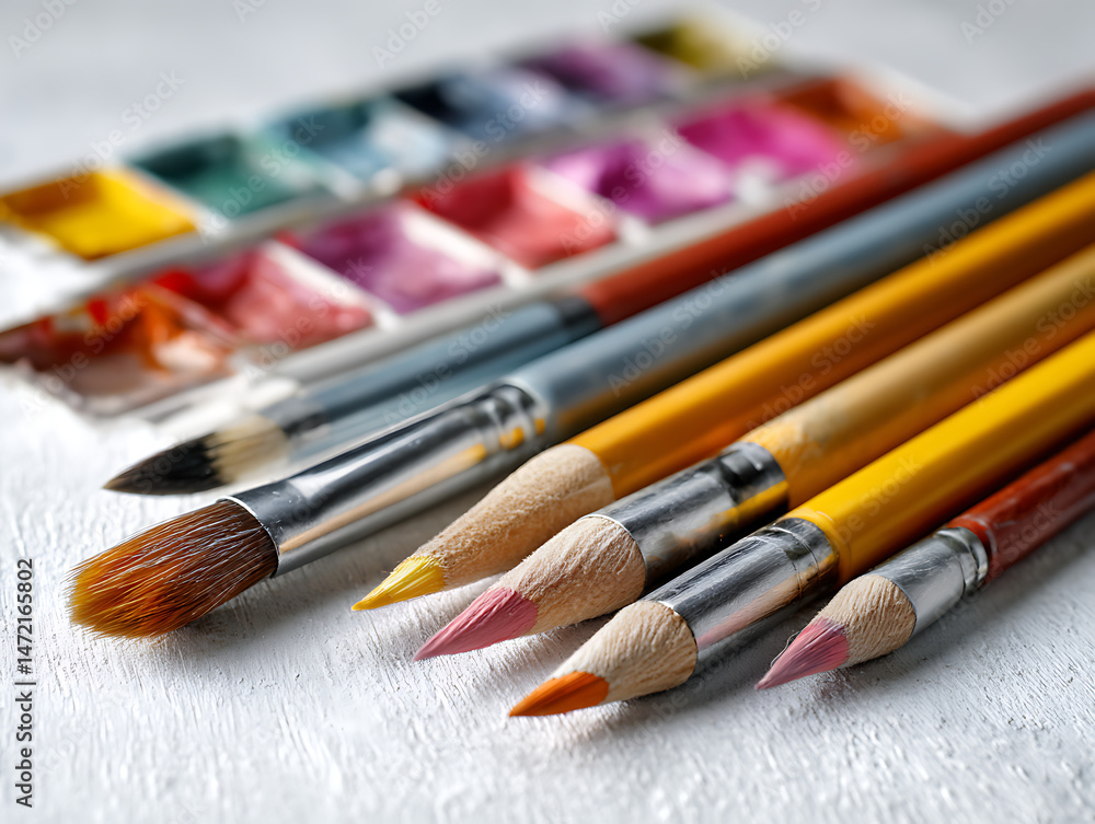 Obraz premium Colorful artist brushes and watercolor palette.