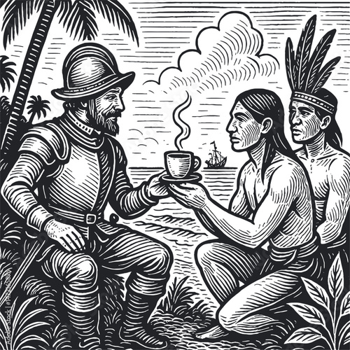 conquistador is treated to a cup of coffee by Indians, stylish engraving for barista, vector