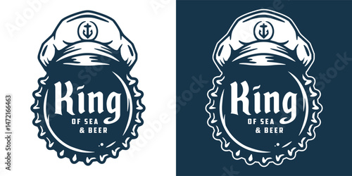 Vintage monochrome nautical emblem with captain hat featuring anchor symbol atop bottle cap. King of sea and beer. Craft beer, sea bar, ocean, brewing, brew, nautical, marine. Retro style.