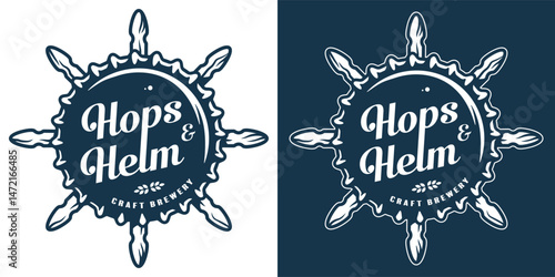 Vintage nautical brewery logo featuring ship helm, hops, bottle cap. Beer, sea, ocean, brewing, brew, nautical, marine. Retro style element for coastal craft beer branding.