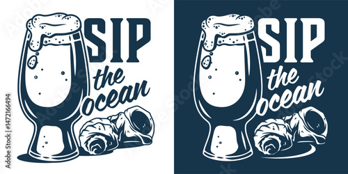 Frothy craft beer spilling over nautical glass, nestled among seashells, evoking maritime atmosphere and laid back coastal vibes. Beer, sea, ocean, brewing, brew, nautical, marine. Retro style