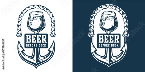 Maritime emblem presenting foaming beer glass, nautical rope border, anchored vessel with brewing related typography. Beer, sea, ocean, brewing, brew, nautical, marine. Retro style.