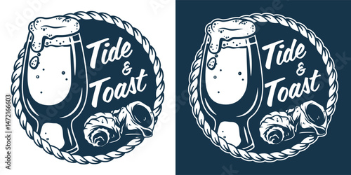 Retro style black and white design featuring overflowing beer mug wrapped with rope and decorated with seashells. Marine brewing, nautical beer, ocean brew, sea craft beverage theme.