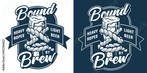 Vintage nautical brewing emblem with frothy glass of light beer wrapped in heavy ropes. Craft beer, sea bar, ocean, brewing pub, brew, nautical, marine. Retro style design element.