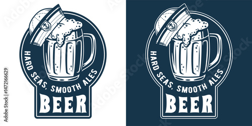 Vintage monochrome nautical emblem with beer mug topped by sailor's cap, blending seafaring culture with smooth ales enjoyment. Craft beer, sea bar, ocean, brewing, brew, nautical, marine.