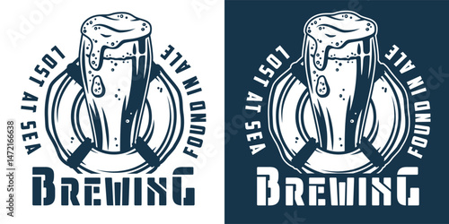 Nautical brewing brand emblem with foaming beer glass inside lifebuoy. Craft beer, sea bar, ocean, brewing, brew, nautical, marine. Retro style element for coastal craft branding.