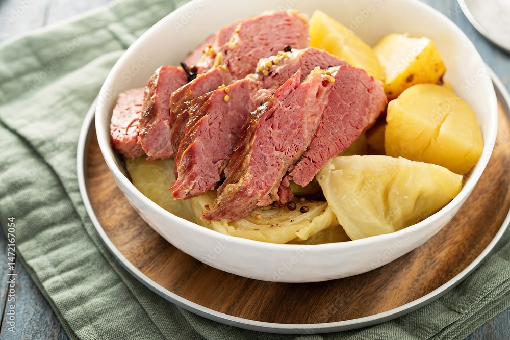 Corned beef and cabbage, Irish traditional dinner Corned beef and cabbage, Irish traditional dinner